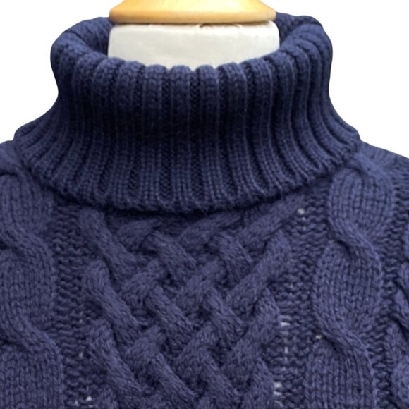 Peregrine England 100% Wool Cable Knit Sweater Navy Blue Fisherman Turtleneck-M - Picture 2 of 9